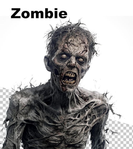 Een poster met een agressieve zombie en het woord zombie bovenaan