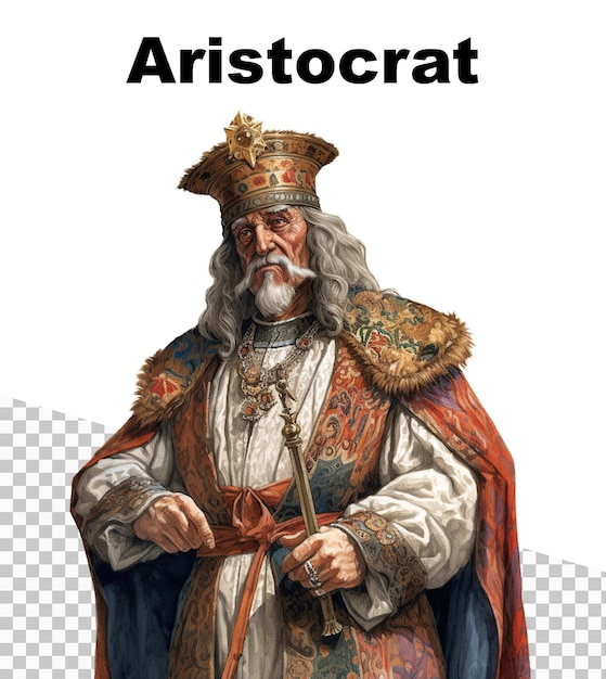 PSD een poster met een aristocraat uit de middeleeuwen met bovenaan het woord aristocraat