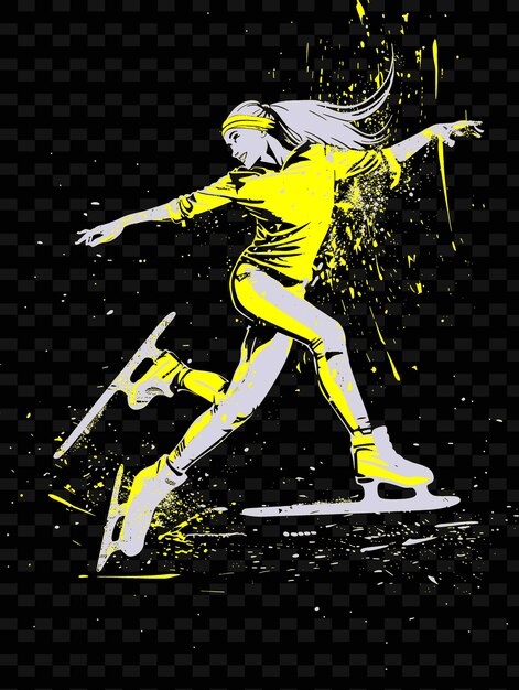 Een poster van een vrouw met een geel shirt en een paar ski's