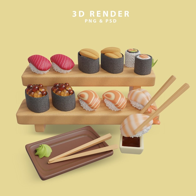 PSD een poster voor 3d-renderer met sushi op de plank.