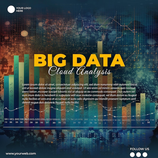 PSD een poster voor analyse van big data-wolken met een wereldkaart op de achtergrond.