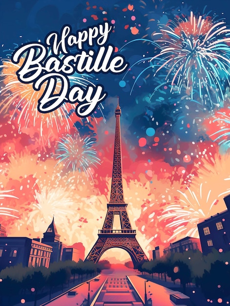 PSD een poster voor bastille-dag met vuurwerk op de achtergrond.