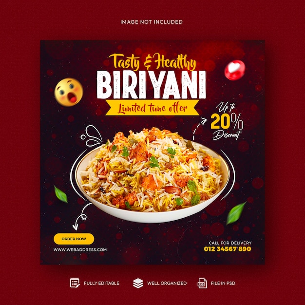 Een poster voor biryani met een afbeelding van een kom eten erop.