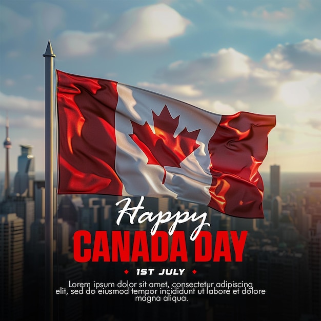 PSD een poster voor canada day met een canadese vlag en een stad op de achtergrond