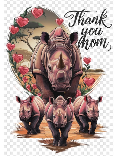 PSD een poster voor dank je met een neushoorn en harten die zeggen dank je