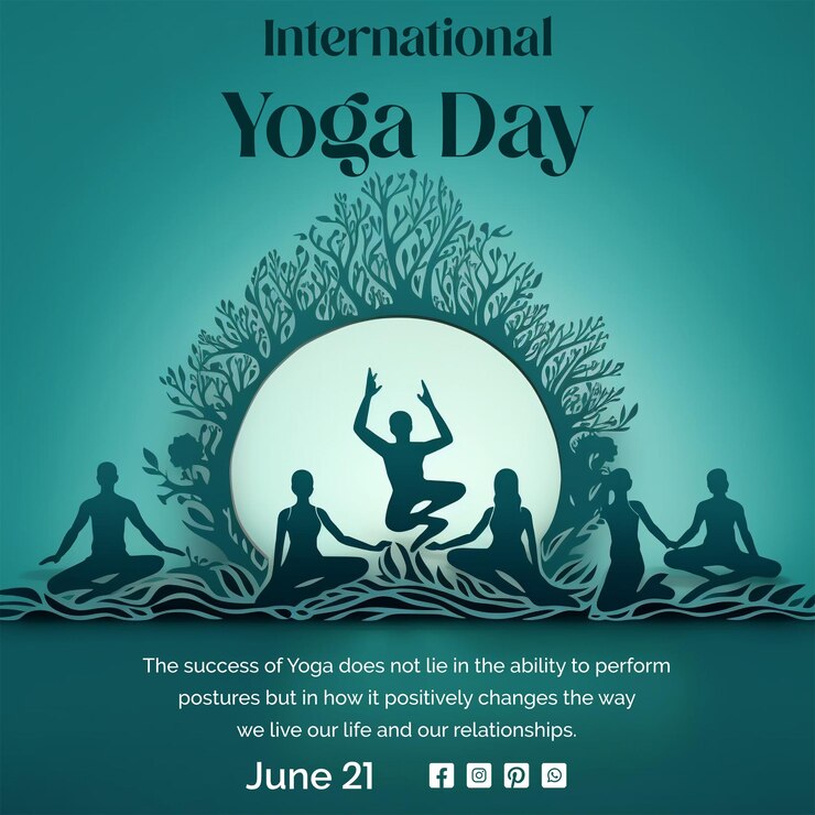 een poster voor de internationale yoga dag met mensen op de achtergrond
