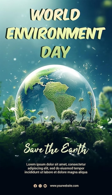 Een poster voor de milieudag met een wereldbol en bloemen