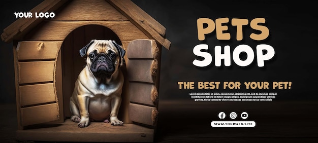 PSD een poster voor de mopshondschuur toont een hond in een houten huis