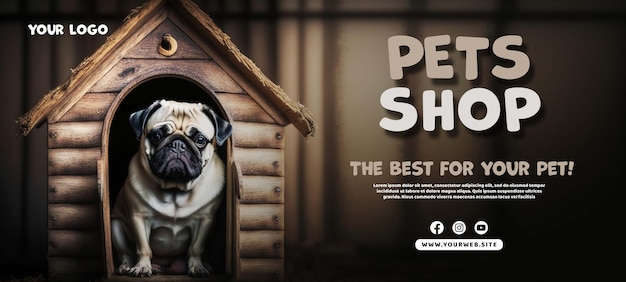 PSD een poster voor de mopshondschuur toont een hond in een houten huis