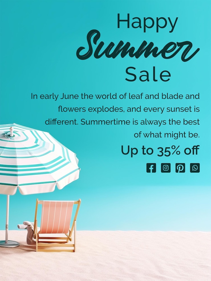 een poster voor de zomerverkoop met een strandstoel en een paraplu