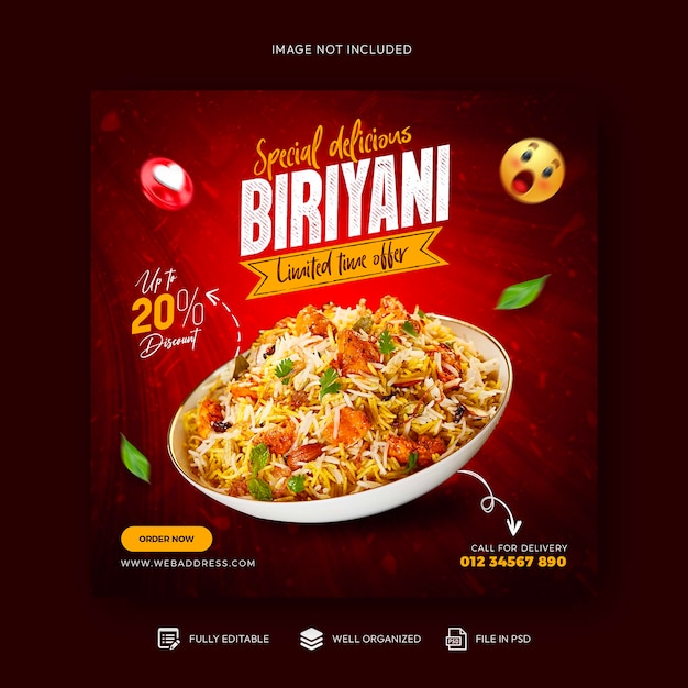 Een poster voor een biryani met een afbeelding van een kom eten erop.