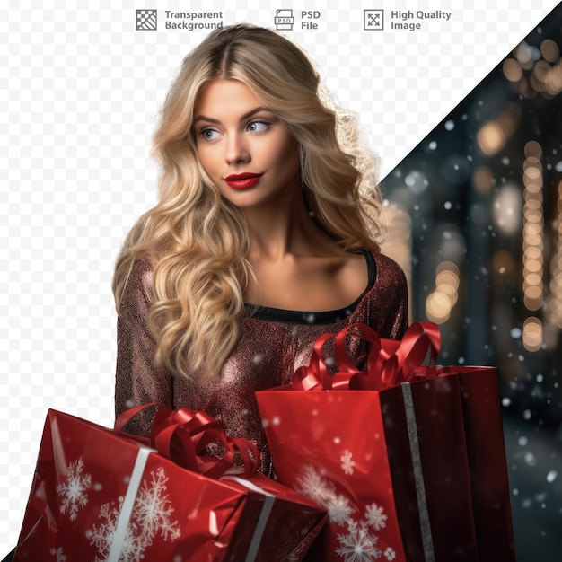 PSD een poster voor een blonde vrouw met een rood kerstcadeau.