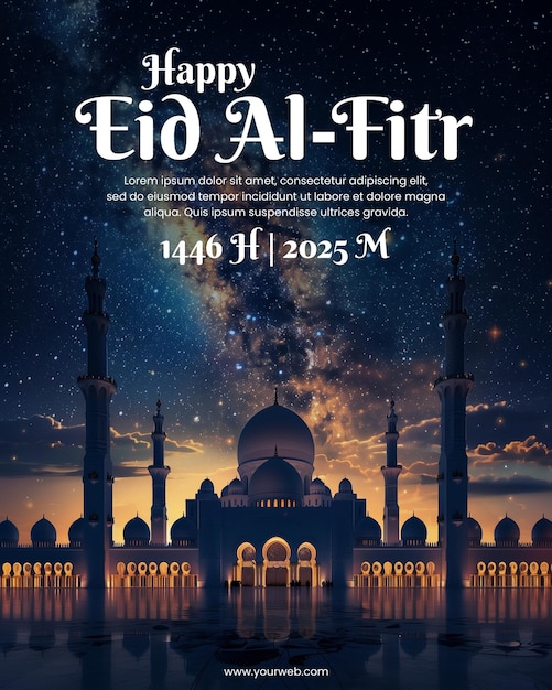 Een poster voor een eid al fitr groeten met een moskee als achtergrond