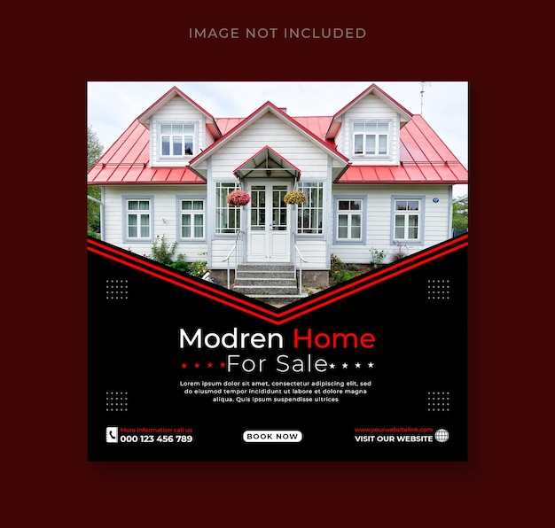 Een poster voor een huis te koop met een postsjabloon voor sociale media met een rood dak