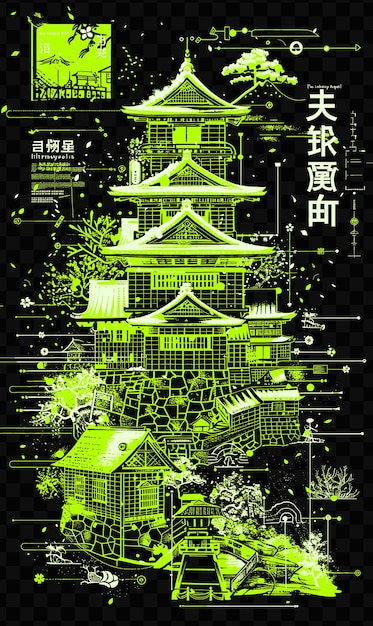 PSD een poster voor een japanse tempel met een groene achtergrond