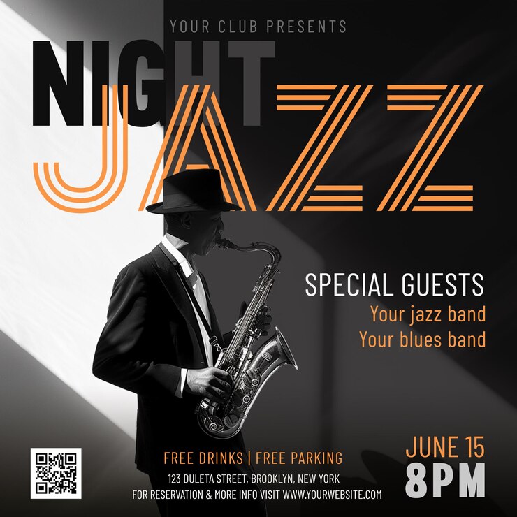 PSD een poster voor een jazzband met een man die saxofoon speelt