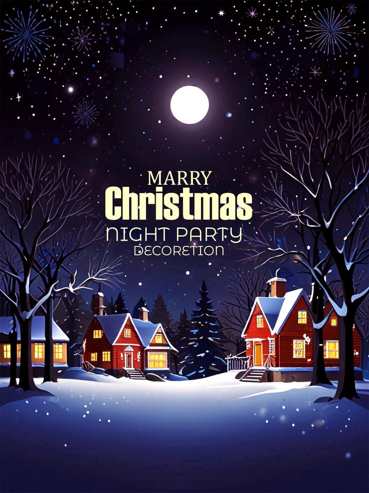 PSD een poster voor een kerstfeest met een huis en bomen op de achtergrond