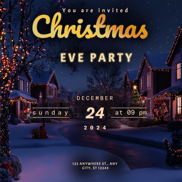 PSD een poster voor een kerstfeest met een huis en een kerstfestival op de achtergrond
