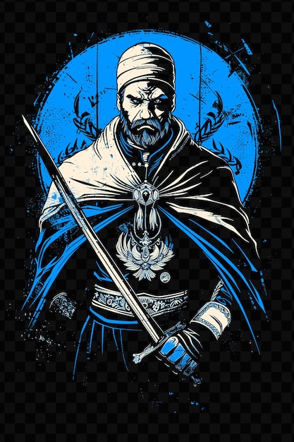 PSD een poster voor een koning met een zwaard en een blauwe achtergrond
