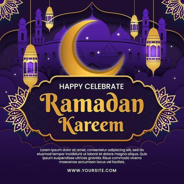 Een poster voor een ramadan kareem met een maan en sterren.