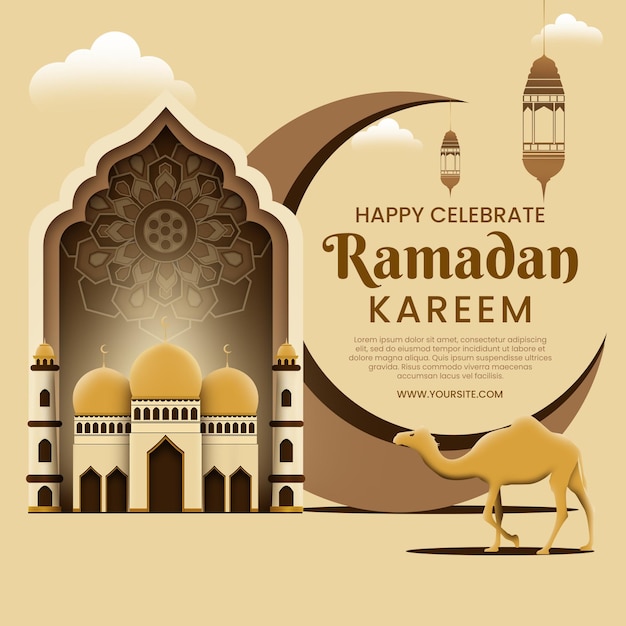 Een poster voor een ramadanfeest met een kameel en een moskee.