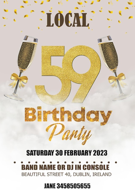 PSD een poster voor een verjaardagsfeestje met champagneglazen en de woorden 59ste verjaardag erop.