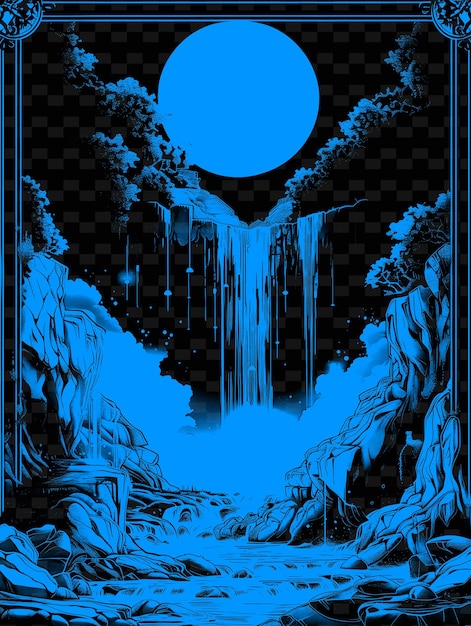 PSD een poster voor een waterval met een blauwe maan op de achtergrond