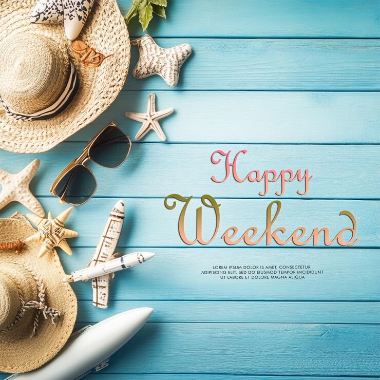 PSD een poster voor een weekend weekend met een hoed en een zonnebril