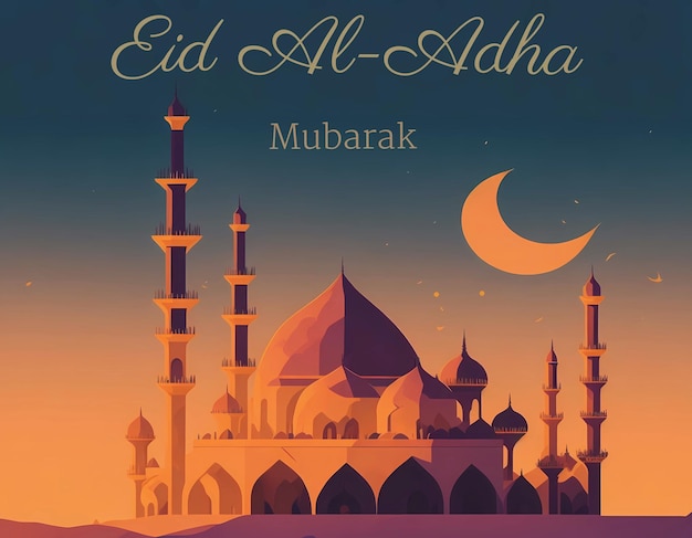 Een poster voor Eid al-Adha met een moskee op de achtergrond