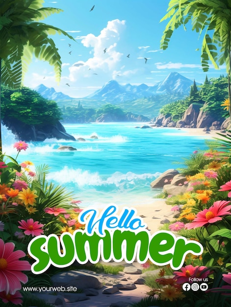 PSD een poster voor hallo zomer met een strand en bergen op de achtergrond