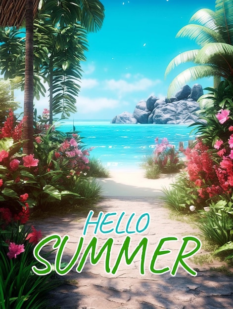 PSD een poster voor hallo zomer met een strand en palmbomen