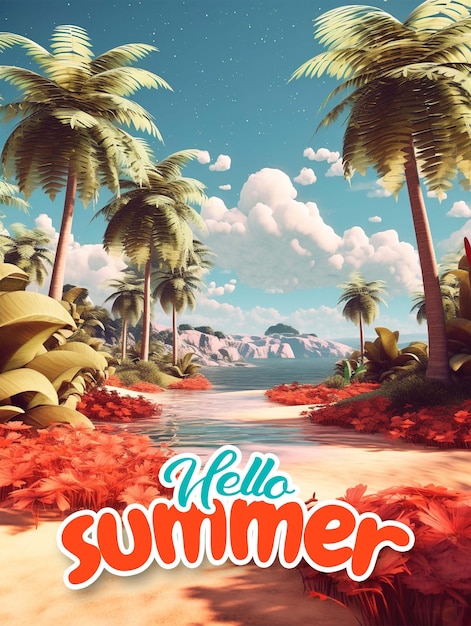 PSD een poster voor hallo zomer met palmbomen op het strand