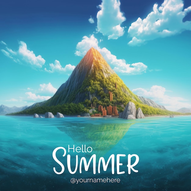 Een poster voor hallo zomer met zeewater en een berg in het midden