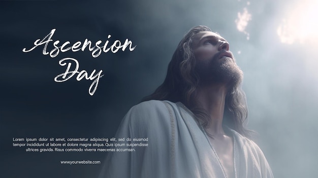 Een poster voor hemelvaartsdag met afbeelding van Jezus op de achtergrond