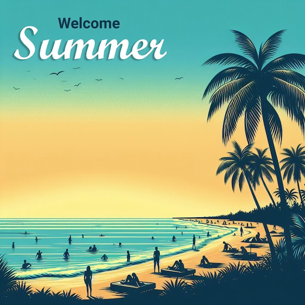 PSD een poster voor het zomerstrand met palmbomen en mensen op het strand