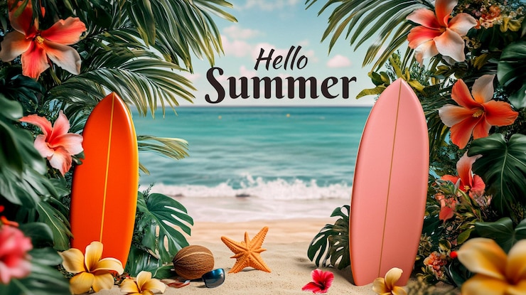PSD een poster voor het zomerstrand met surfboards en tropische bloemen