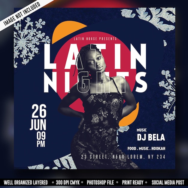 PSD een poster voor latin nights met een vrouw erop