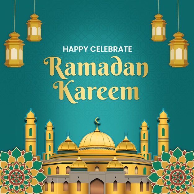 Een poster voor ramadan kareem met een afbeelding van een moskee en een lantaarn.