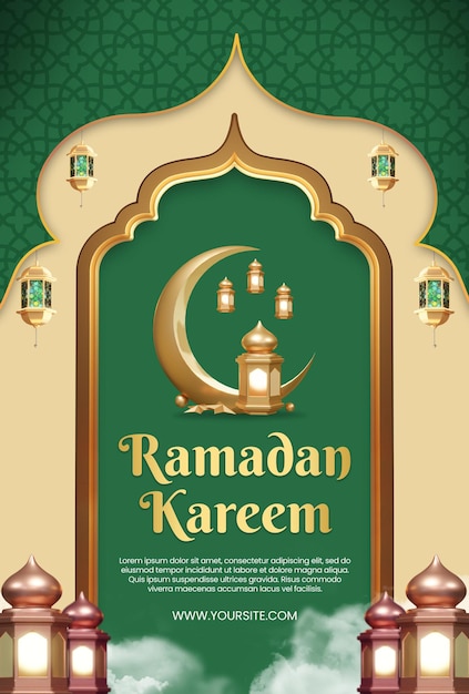 Een poster voor ramadan kareem met een lantaarn en een groene achtergrond.