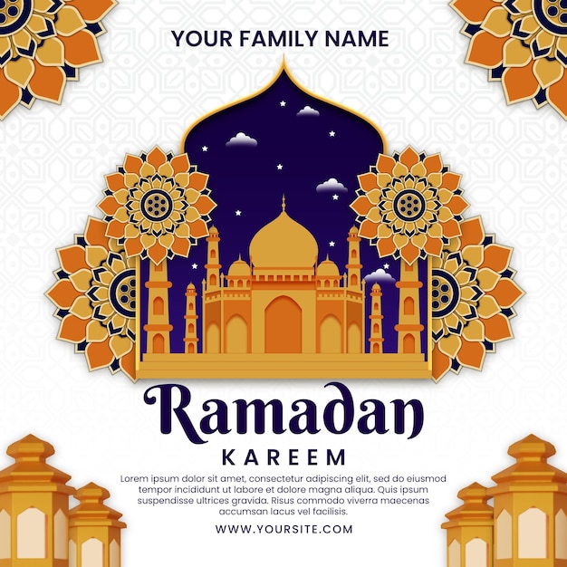 Een poster voor ramadan met een afbeelding van een moskee en een afbeelding van een moskee.