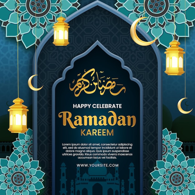 Een poster voor ramadan met een blauwe achtergrond en gouden lampjes.