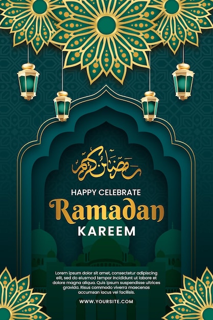 Een poster voor ramadan met een groene achtergrond en de woorden happy vieren ramadan.