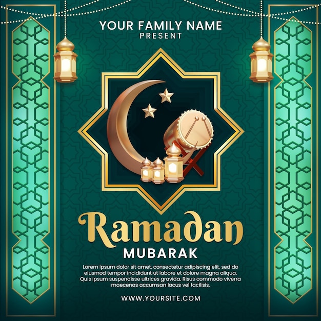 Een poster voor ramadan mubarak met een gouden ster en een gouden ster.