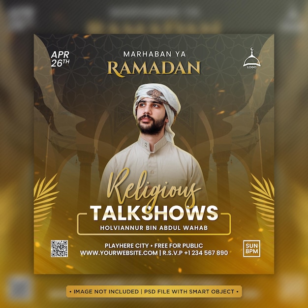 Een poster voor ramadan talk social media met een godsdienstleraar als spreker