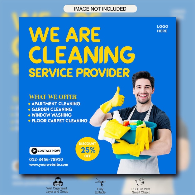 een poster voor we zijn schoonmaakdienst met een gele doos