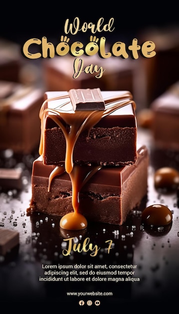 een poster voor wereldchocoladedag met een stukje chocolade erop