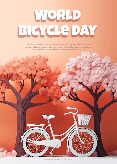 Een poster voor wereldfietsdag met bomen en een fiets met bewerkbare slimme objecttekst