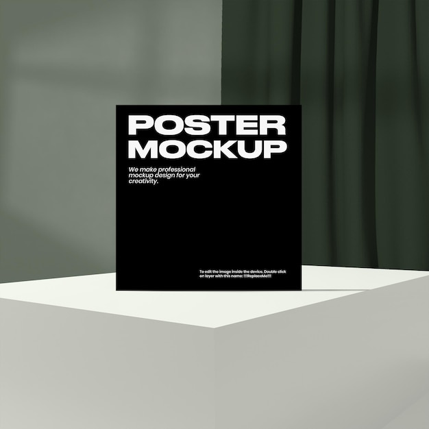Een postermodel wordt weergegeven op een witte doos voor een gordijn