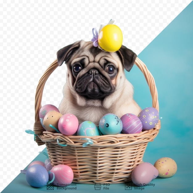 Een pug zit in een mand met eieren erin.
