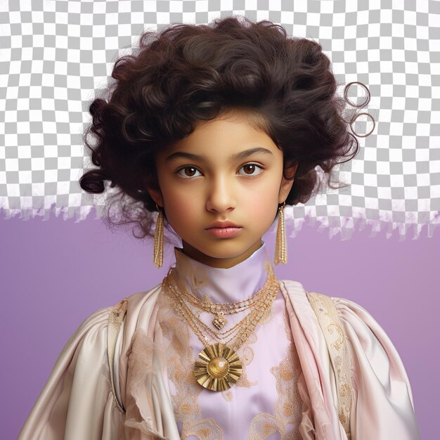 PSD een resentful child meisje met kinky hair van de west-aziatische etniciteit gekleed in drafter kleding poseert in een head tilt met een serious expression stijl tegen een pastel lilac achtergrond